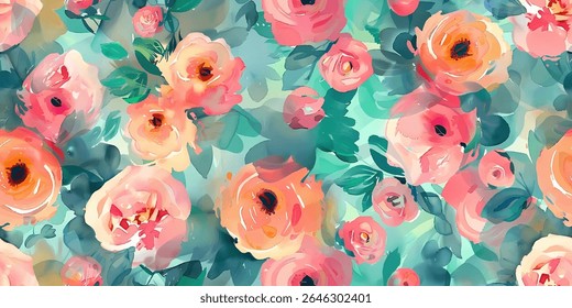 Padrão sem emenda impressionante apresenta rosas de aquarela delicadas em tons de rosa suave, coral e laranja. Ideal para projetos de fundo, têxteis e convites, acrescenta um toque floral fresco a qualquer projeto