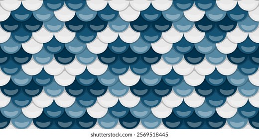 Stunning seamless pattern featuring overlapping scales in shades of blue and white.  Perfect for textile design, website backgrounds, or any project needing a sophisticated, aquatic feel.