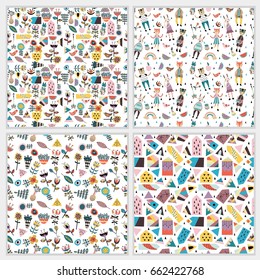 Atemberaubende nahtlose Muster mit skandinavischen Figuren, Blumen und Blättern, süßen Tieren, Häusern und Dreiecken. Helles Sommerhintergrund-Design. Vektorhandgezeichnete Illustrationen.