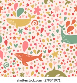 Stunning seamless pattern with stylish whales in bright colors. Sweet underwater concept background in vector