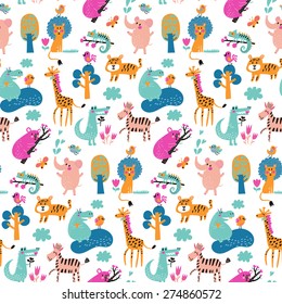 Stunning seamless pattern with wild animals from Africa. Koala, lion, crocodile, hippo, giraffe, tiger, zebra and iguana. Sweet childish background in bright colors in vector