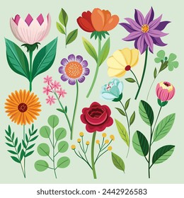 A stunning set flowers, collection of artistic vector illustrations, presented in a variety of colors.