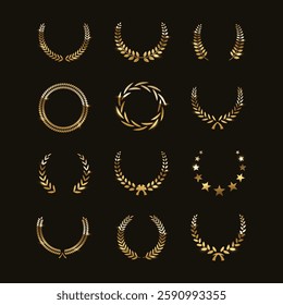 A stunning set of golden silhouette laurel, wheat, and olive wreaths, symbolizing prestige and achievement. Ideal for emblems, logos, and vector designs. EPS 10.