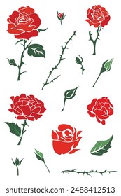 Stunning Set of red roses with thorns and buds, perfect for poster, cards and pattern designs