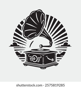 A stunning silhouette of a classic phonograph with a large horn speaker, intricate detailing on the base, and subtle vinyl record elements, set against a pristine white background