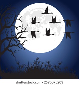 A stunning silhouette illustration of birds flying across a full moon in a serene night sky. The dark silhouettes of geese or migratory birds contrast beautifully against the glowing lunar backdrop.