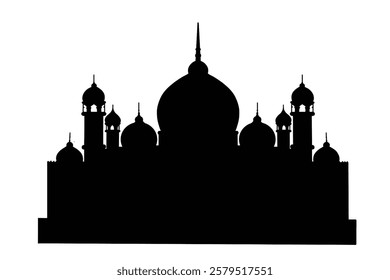 A stunning silhouette of an Islamic architectural landmark, showcasing elegant domes and minarets against a contrasting background