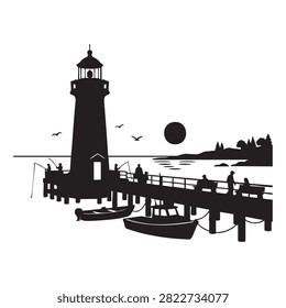 Stunning silhouette vector art of lighthouse on pier featuring people engaged in fishing activity with small boats floating nearby against sunset horizon and rocky tree-lined shore perfect for travel brochures nautical logo concepts outdoor hobby themes or seaside decorative artistic compositions.