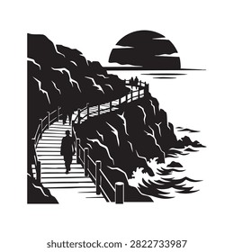 Stunning silhouette vector graphic featuring winding wooden walkway on steep cliff edge with figures walking against backdrop of large setting sun and crashing waves ideal for travel content websites outdoor adventure themes scenic posters or nature focused creative design projects and prints.