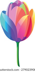 Stunning single rainbow tulip featuring spectrum of vivid colors on petals with elegant green stem ideal for spring floral designs cards greeting projects and artistic display.