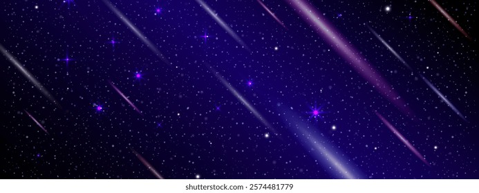 Stunning Sky Starry Universe Banner and Background: Dark Glowing Blue Galaxy with Nebula Clouds, Flying Comets, Night Stars, and the Milky Way. Vector.