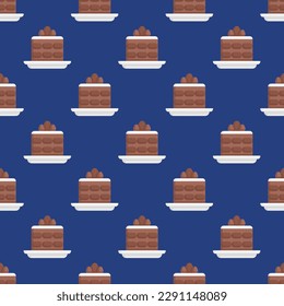 Stunning square tile with a cheerful food drawing. Seamless pattern with tiramisu on st. patrick's blue background. Design for a polka dot wallpaper.