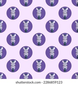 Stunning square tile featuring a whimsical animal drawing. Seamless pattern with zebra on pale lavender background. Design for a brochure with an animal photo.
