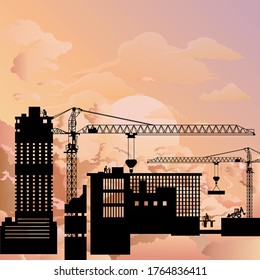 Stunning sunrise or dawn over silhouetted generic construction site development
