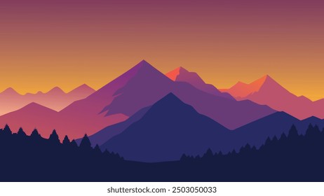 Impresionante puesta de sol proyecta colores vibrantes sobre majestuosas montañas, creando un paisaje sereno y pintoresco Ilustración vectorial plana