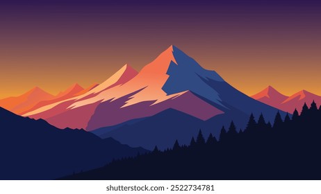 Atemberaubender Sonnenuntergang wirft lebendige Farben über schneebedeckten Bergen, Schaffung einer atemberaubenden Winterlandschaft flache Vektorgrafik