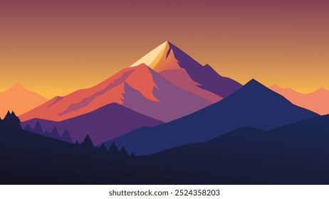 Ein atemberaubender Sonnenuntergang wirft lebendige Farben über schneebedeckten Bergen und erzeugt eine atemberaubende Naturlandschaft, flache Vektorgrafik