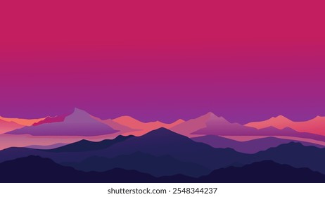 Ein atemberaubender Sonnenuntergang wirft leuchtende Farben über ein Meer von Wolken und schafft eine atemberaubende und ruhige Atmosphäre. flache Vektorgrafik.