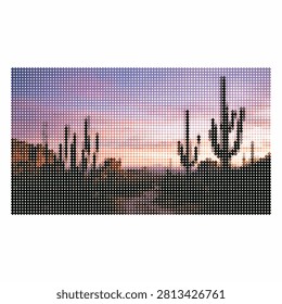 Stunning sunset desert scene featuring large saguaro cacti silhouettes against vibrant twilight sky created as geometric dotted pattern vactor illustration.
