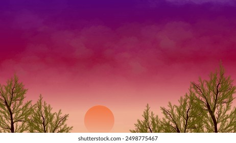 Stunning sunset landscape with vibrant sky and silhouetted trees, perfect for backgrounds, nature scenes, and environmental themes.