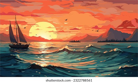 A stunning sunset over the water, complete with seagulls and sailboats