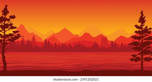 A stunning sunset paints the sky in shades of orange and red reflecting off a serene lake surrounded by pine trees and distant mountains. The tranquil scene evokes a sense of peace and beauty.