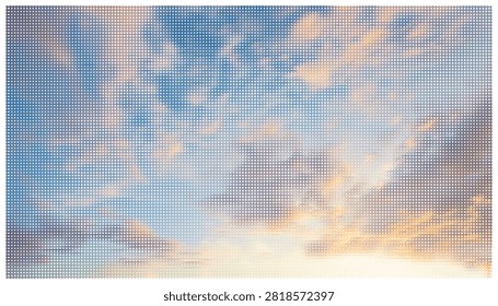 Stunning sunset sky filled with wispy clouds rendered using a decorative dot overlay technique. Vivid vector illustration featuring colorful aerial view.