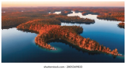 Stunning top down perspective shows vibrant fall foliage on islands surrounded by serene water, creating beautiful tranquil scene.