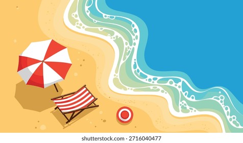 Impresionante vista de arriba hacia abajo de una playa tropical con olas de color turquesa que se extiende sobre la arena cerca de una silla de playa y una sombrilla roja y blanca.