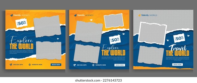 Stunning Travel Banners for Social Media Marketing. Travelling, tourism or summer holiday tour offer promotion Web banner, flyer or poster.