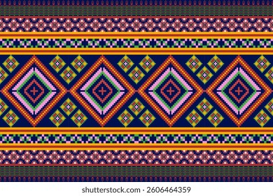 A stunning tribal textile pattern, tribal textile pattern, tribal textile pattern in pixel art style, featuring intricate geometric shapes and floral motifs. This traditional fabric design showcases r