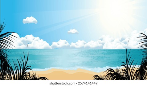 A stunning tropical beach with soft waves, a golden shoreline, and palm fronds framing the tranquil seascape under a bright sunny sky. Ideal for travel and relaxation designs.