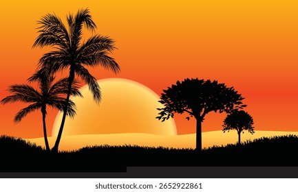 Impressionante ilustração do pôr do sol tropical com silhuetas de palmeira preta e um céu laranja brilhante. Uma cena noturna tranquila, perfeita para viagens, relaxamento ou projetos de natureza.