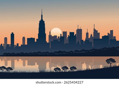 Stunning Urban Cityscape at Dusk with Silhouetted Skyscrapers, Setting Sun, and Serene Water Reflection Surrounded by Natural Foreground Elements
