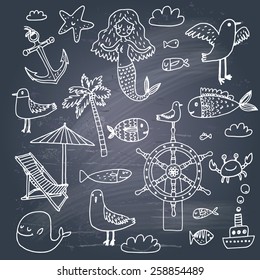 Stunning vacation concept set in vector - palm, mermaid, fish, seagull, steering wheel, crab, anchor, chair, ship, starfish and others. Sweet sea symbols in cartoon style