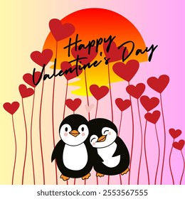 A stunning Valentine's Day illustration featuring a couple sitting together under a warm sunset, surrounded by glowing heart overlays on a vibrant red background. The text "Happy Valentine's Day" in s