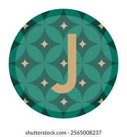 A stunning vector art featuring a letter J in gold, surrounded by an intricate geometric floral pattern within a green circle. Great for decorative and professional design applications.