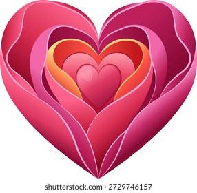 Deslumbrante arte vetorial de um grande coração rosa vibrante composto de múltiplos corações sobrepostos em camadas em tons de aprofundamento de magenta, rosa, coral e gradientes de laranja quente. Curvas suaves, fluindo como pétalas, criam uma sensação de profundidade infinita, dimensão e intensidade emocional, simbolizando amor infinito, paixão, romance, afeto, amor próprio e conexão sincera. Perfeito para designs de Dia dos Namorados, convites de casamento, cartões românticos, cartazes com temas amorosos, visuais de aconselhamento de relacionamento, gráficos de atenção plena e autocuidado, materiais de bem-estar emocional, posts de mídia social sinceros, celebrações de aniversário e ilustrações de amor abstratas modernas.
