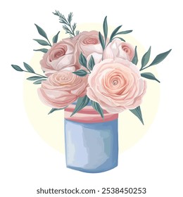 Stunning vector of beautiful pink roses in a blue vase. Perfect for floral designs, greeting cards, home decor, and romantic themes.