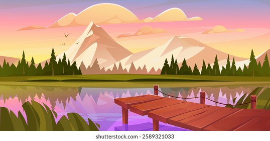 Stunning vector cartoon illustration of a serene lake at sunrise with mountains in the background and a wooden pier. Beautiful sunrise summer landscape with a pier on lake.
