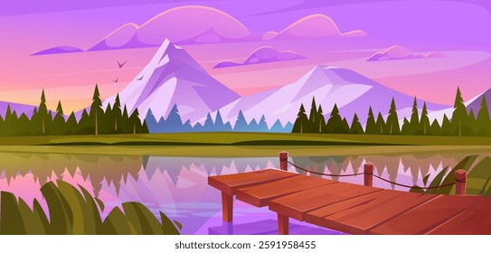 Stunning vector cartoon illustration of a serene lake at sunset with mountains in the background and a wooden pier. Evening summer landscape with a pier on lake.