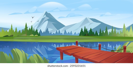 Stunning vector cartoon illustration of a serene lake with mountains in the background and a wooden pier. Beautiful summer landscape with a pier on lake.