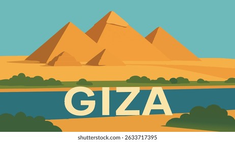 A stunning vector of the Giza Pyramids as they stand tall against the warm hues of a desert sunset, highlighting their monumental size and historical significance