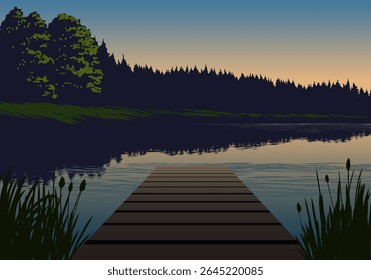 A stunning vector illustration of a beautiful sunrise over a tranquil lake, with a wooden jetty extending into the water in the foreground,