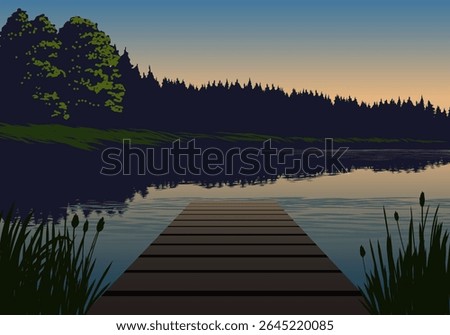 A stunning vector illustration of a beautiful sunrise over a tranquil lake, with a wooden jetty extending into the water in the foreground,