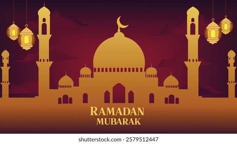 A stunning vector illustration celebrating the holy month of Ramadan, featuring a majestic golden silhouette of a mosque with elegant minarets, glowing lanterns, and a deep red sunset background. 