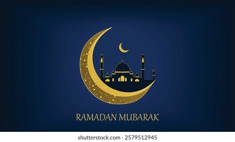 A stunning vector illustration celebrating the holy month of Ramadan, featuring a golden crescent moon with an intricate design embracing a beautifully detailed mosque. 