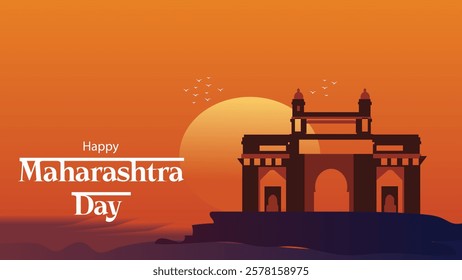 A stunning vector illustration celebrating Maharashtra Day, featuring the iconic Gateway of India silhouetted against a vibrant orange sunset. T
