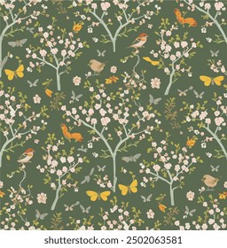 A stunning vector illustration of a chinoiserie seamless pattern featuring a blossoming tree. The tree is adorned with various birds,including sparrows and finches, as well as butterflies and dragonfl