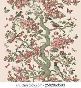 A stunning vector illustration of a chinoiserie seamless pattern featuring a blossoming tree. The tree is adorned with various birds,including sparrows and finches, as well as butterflies and dragonfl